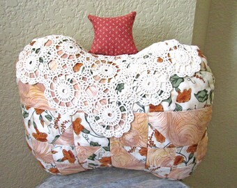 14" patchwork pumpkin shape throw pillow made from a vintage quilt piece with hand crocheted lace trim. Country farmhouse decor. Handmade