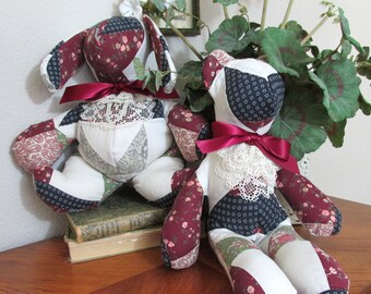 14" stuffed bear or rabbit made from an old quilt sham with vintage doily at added at the neck. Perfect for country farmhouse deco Handmade