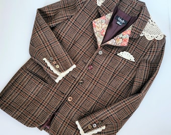 10 petite Glen plaid wool blazer. Embellished with chocheted doilies and trim. With floral lapels and multi-colored buttons. One of a kind