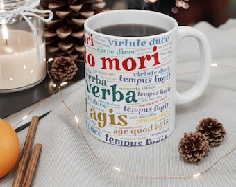 Memento Mori mug - design is word art of latin motivational phrases