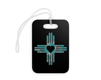 Zia Heart Design Luggage Tags, Distressed Turquoise Travel Accessories, Round & Rectangle Bag Tags, Glossy Finish, Acrylic Tie, Set of 2,