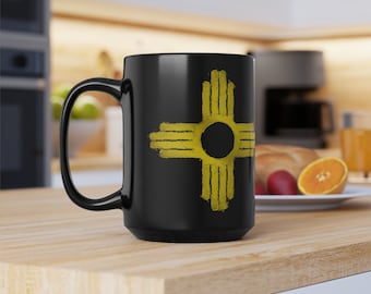 New Mexico Zia Symbol Black Mug, 15oz | New Mexico Flag Mug | New Mexico Zia Mug | Santa Fe Mug | Taos Mug