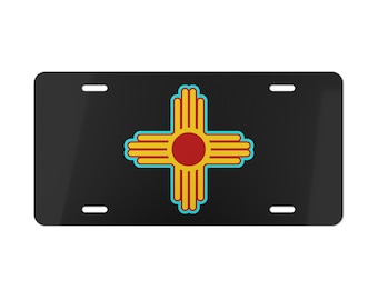 Red, Yellow, and Turquoise on Black version of New Mexico Flag Vanity Plate | New Mexico Zia Vanity Plate