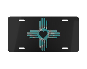 Vanity Plate - Distressed Turquoise New Mexico Flag License Plate with Heart - Wall Art, Car Decor, Window Display, Gift Idea