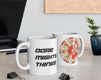 Dare Mighty Things Mug | Inspirational Quote, Space Badge Emblem
