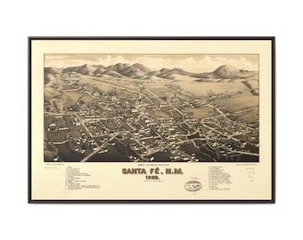 Vintage 1882 Santa Fe New Mexico Map Matte Canvas Framed | Historical City Panorama
