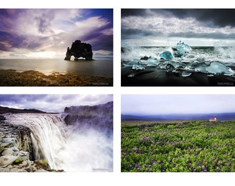 Iceland Paper Print Set Hvítserkur Volcanic Rock, Jökulsárlón Glacial Icebergs, Dettifoss, Church in Lupine - Fine Art Landscape Photography