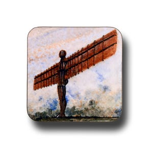 May include: A watercolor painting of the Angel of the North sculpture in Gateshead, England. The sculpture is a large, steel angel with outstretched wings. The painting is done in shades of brown, blue, and white.