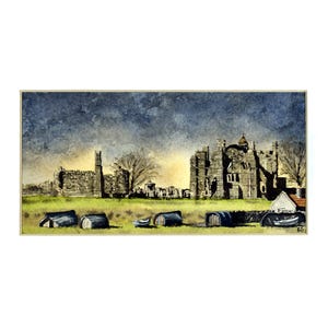Lindisfarne Priory, Holy Island. Un fantastico dipinto originale ad acquerello dell'Arty Northumbrian.