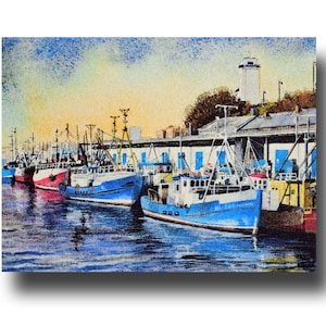 North Shields Fish Quay, une superbe petite carte de voeux faite main à partir d'une aquarelle originale de Ray Stephenson. Une superbe carte moderne.