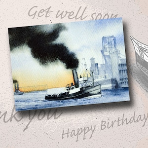 Remorqueur sur la Tyne, une superbe carte de voeux faite main, d'après une aquarelle originale de Ray Stephenson, tendance et chic.