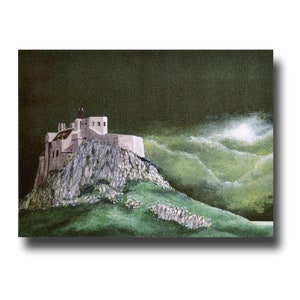 Lindisfarne au clair de lune, une brillante carte de voeux faite main, d'après une peinture acrylique originale de Ray Stephenson, tendance et chic.