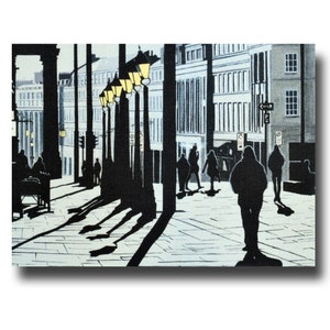Gray Street, Newcastle upon Tyne, uno splendido biglietto d'auguri tratto da un dipinto acrilico originale di Ray Stephenson, un biglietto davvero unico e moderno.
