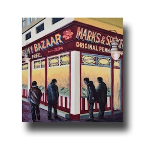 Le Penny Bazar. Une superbe carte de voeux faite main de 5 x 5 pouces. Fabriqué à partir d'une peinture acrylique originale de Ray Stephenson.