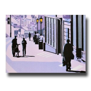 Traversée du pont Elvet, Durham, une brillante carte de voeux d'après une peinture acrylique originale de Ray Stephenson, tendance et chic.