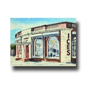 Het Rendez-vous Cafe, Whitley Bay. Een prachtige handgemaakte wenskaart van Ray Stephenson. Modern en chique.