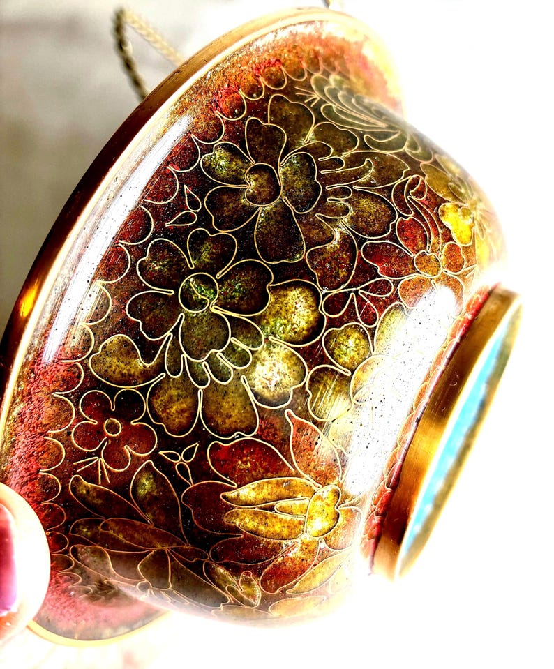Vintage Cloisonne Bowl, Cloisonne Floral bowl, Cloisonne Turquoise Enamel bowl imagen 1