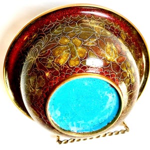 Vintage Cloisonne Bowl, Cloisonne Floral bowl, Cloisonne Turquoise Enamel bowl imagen 3