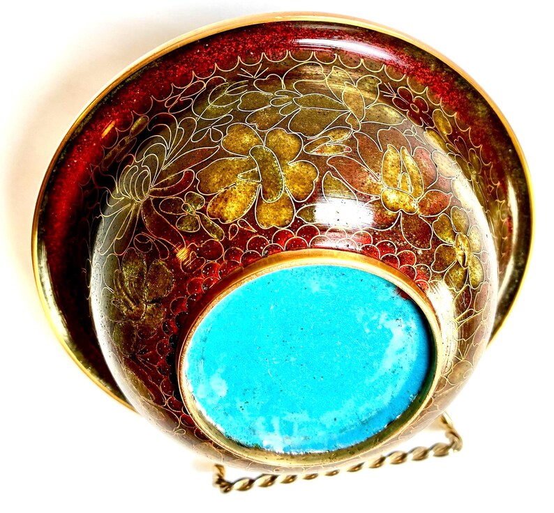 Vintage Cloisonne Bowl, Cloisonne Floral bowl, Cloisonne Turquoise Enamel bowl imagen 3