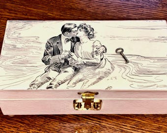 Joyero victoriano vintage, joyero con espejo, joyero con diseño de Gibson Girl, joyero con cerradura