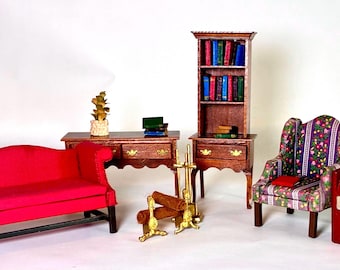 Conjunto de muebles de sala de estar en miniatura para casa de muñecas vintage, sofá Chippendale y radio Renwal.