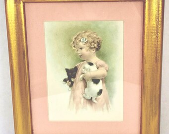 Lámina vintage de Bessie Pease Gutmann, Enemigos amistosos, marco dorado para decoración infantil.