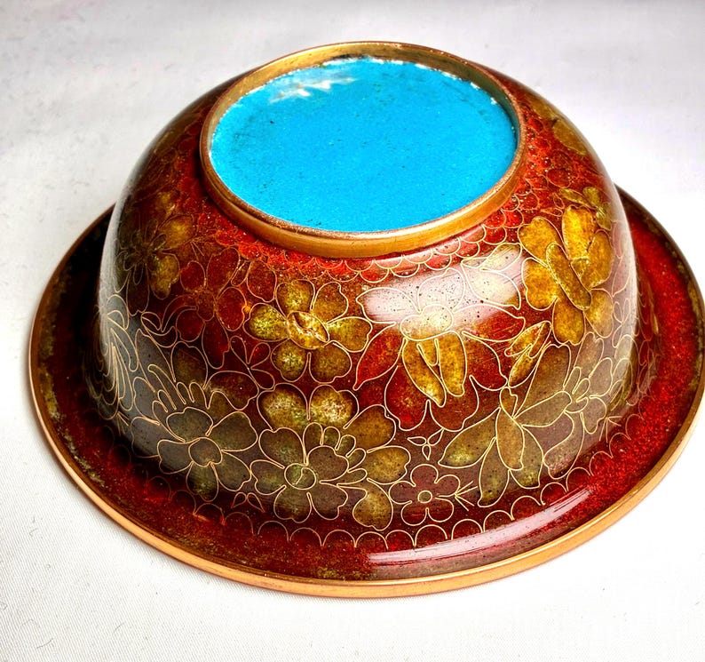 Vintage Cloisonne Bowl, Cloisonne Floral bowl, Cloisonne Turquoise Enamel bowl imagen 2