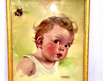 Lámina vintage de Florence Kroger, arte infantil de abejorro bebé, litografía enmarcada de 1943