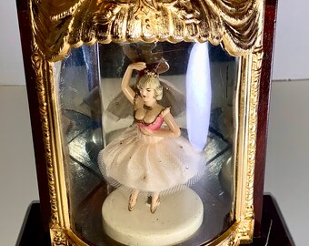 Vintage music box, United Sessions animated lighted music box, vintage ballerina music box, tabletop dancing ballerina