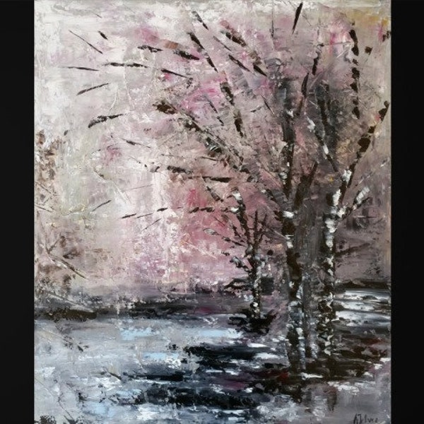 Abstract painting Landscape art Original oil painting landscape Winter art Lake painting Birch tree art Abstract landscape art work 24x20"