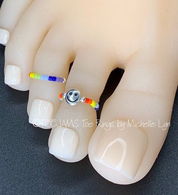 Smiley Face Rainbow Beaded Glow up Toe Ring and Stacking Band