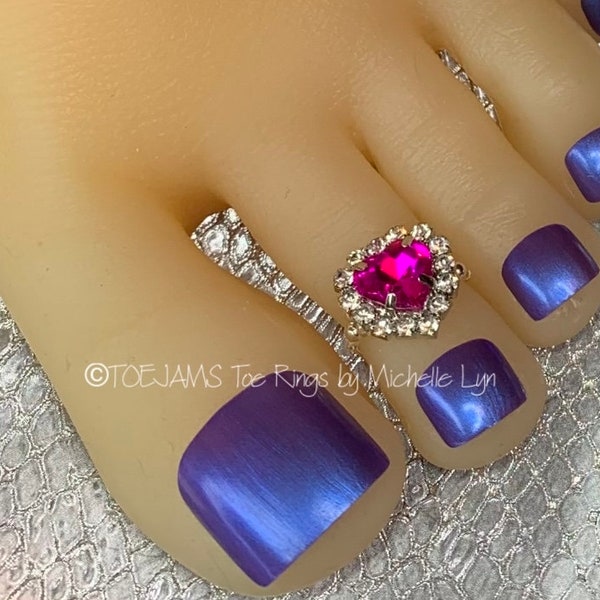 Passionate Fuchsia Heart Crystal with Halo, Silver Beaded Band Valentine Toe Ring, Stretch Elastic Toe Ring, Wedding, Love, Hippie Toe Ring