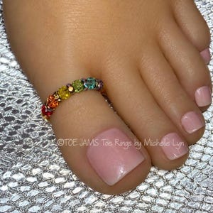 May include: A toe ring featuring a sequence of small, faceted, multi-colored beads in shades of red, orange, yellow, green, and blue, accented with metallic spacers. The text TOE JAMS Toe Rings by Michelle Lyn is visible on the image.