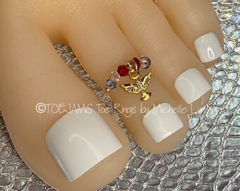 USA Crystal/Gold Soaring Eagle Dangle Stretch Elastic Beaded Toe Ring, Patriotic, July 4th, Red White and Blue, American Pride Toe Ring