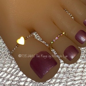 BTE SET/2 Toe Rings Included, White Glass Pearls/Gold Heart Big Toe Ring AND Your Choice 1 of 9 Mini Crystal Stretch Bands Choose Your Color