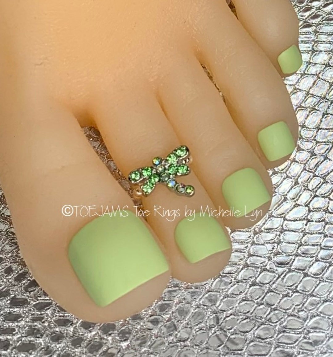 Green Crystal Dragonfly Beaded Toe Ring, Stretch Elastic Toe Ring