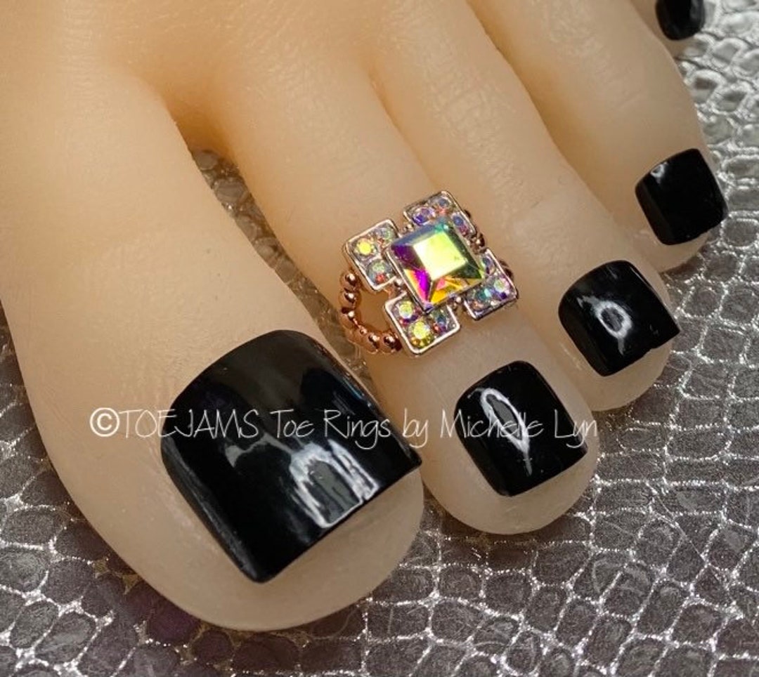 Rose Gold Clear AB Iridescent Square Crystal Stretch Elastic Toe Ring