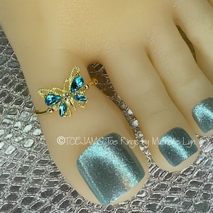BTE BUTTERFLY Large Gold Filigree/Aqua Blue Crystal Butterfly Big Toe Energy Toe Ring, Elastic Stretch Beaded Toe Ring, Bride, Hippie, Boho