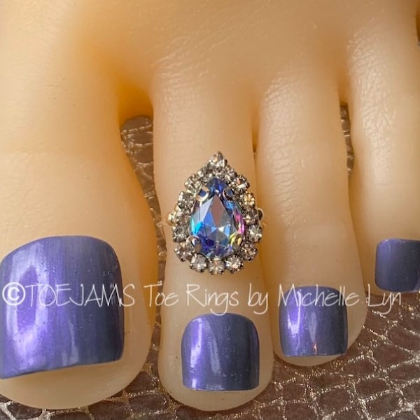 Cornflower Blue Iridescent Raindrop Crystal with Halo Beaded Band Toe Ring, Stretch Elastic Toe Ring, Wedding, Hippie Teardrop Toe Ring