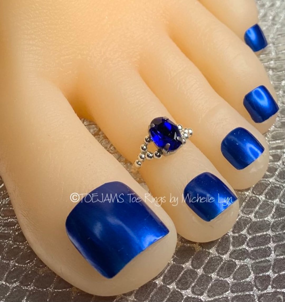 Cobalt Blue Crystal Beaded Band Toe Ring, Stretch Elastic Toe Ring