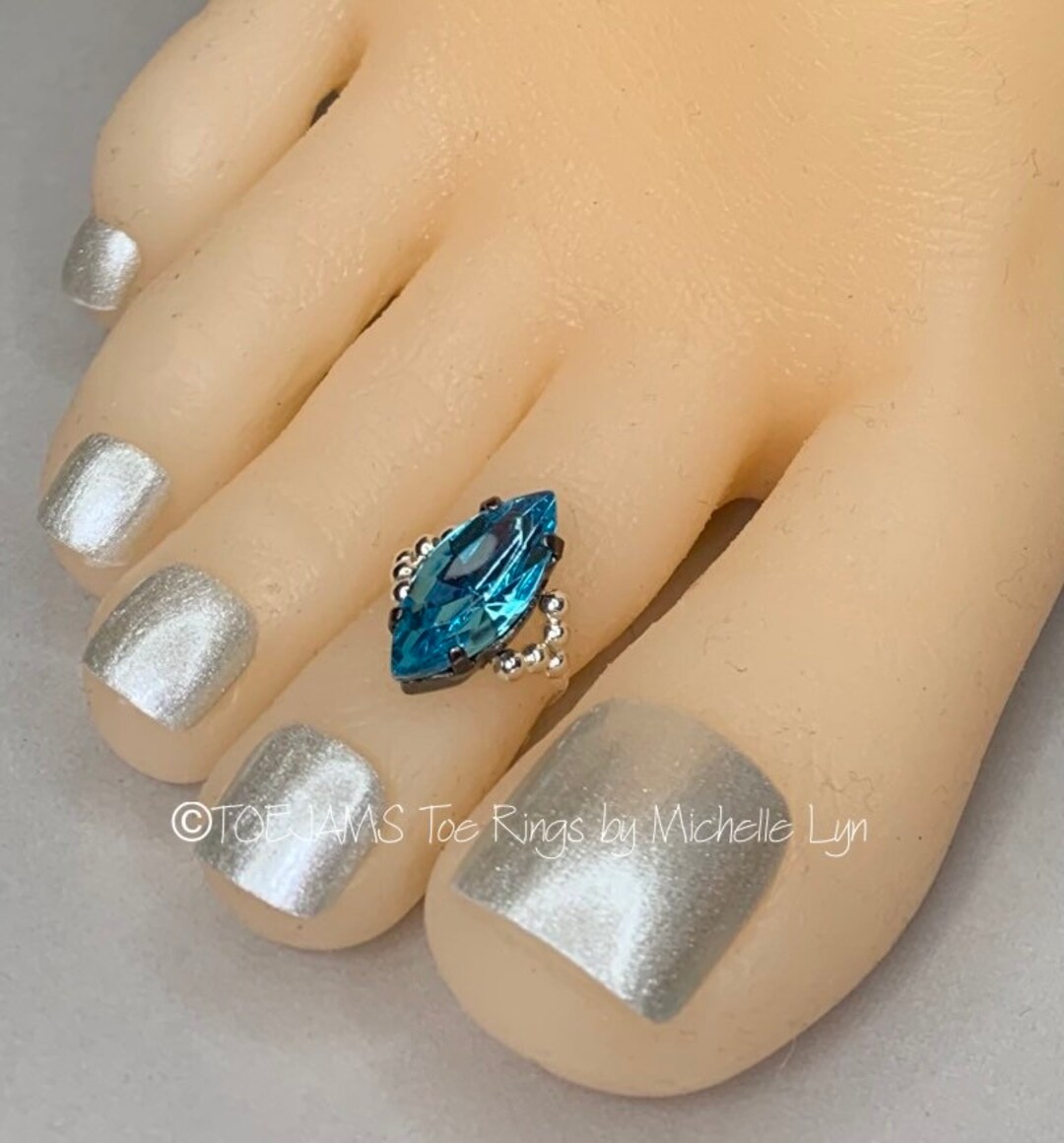 Aqua Marquise Cut Crystal Toe Ring Beaded Band, Stretch Elastic Toe