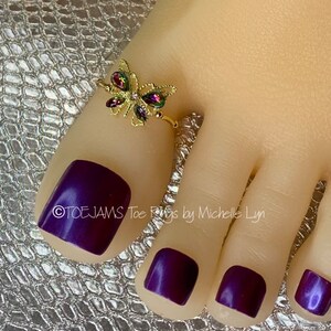BTE BUTTERFLY Large Gold Filigree/Purple Crystal Butterfly Big Toe Energy Toe Ring, Elastic Stretch Beaded Toe Ring, Bride, Hippie, Boho