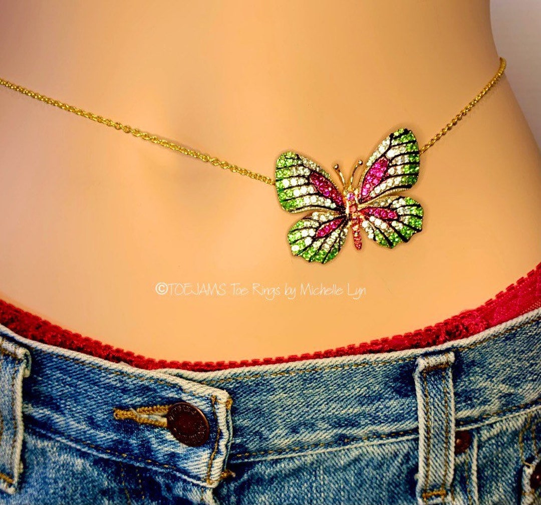 Belly Chain Butterfly Pink and Green Crystals, Sparkly Waist Chain