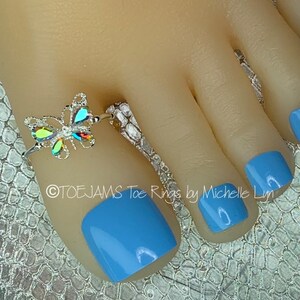 BTE BUTTERFLY Large Silver Filigree Clear AB Crystal Butterfly Big Toe Energy Toe Ring, Elastic Stretch Beaded Toe Ring, Bride, Hippie, Boho