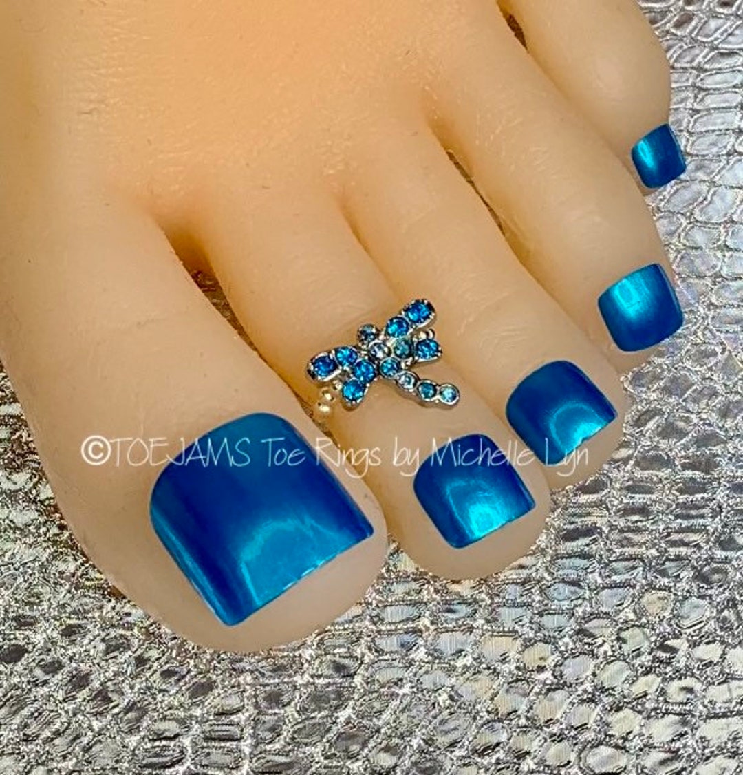 Aqua Crystal Dragonfly Beaded Toe Ring, Stretch Elastic Toe Ring