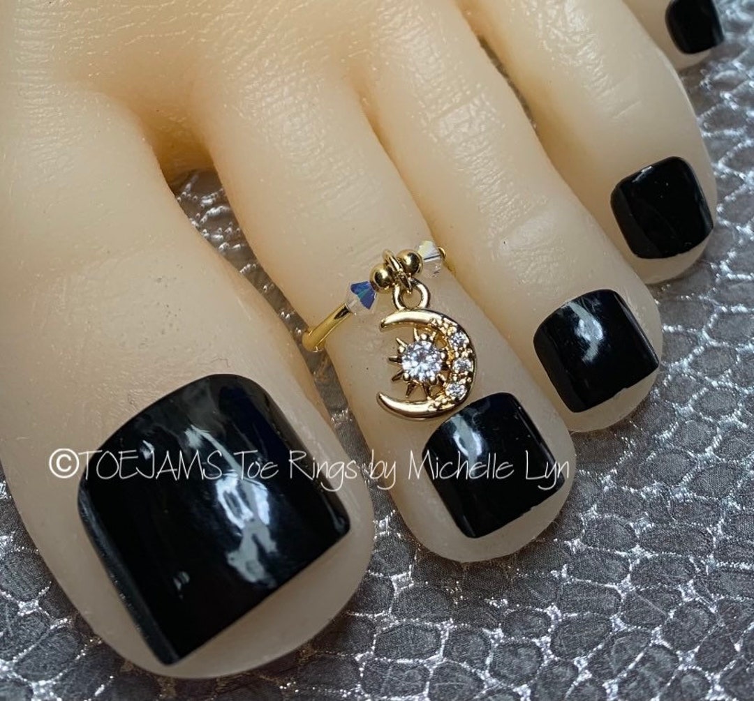 Sun and Moon Gold and Crystal Dangle Toe Ring, Stretch Elastic Toe Ring ...