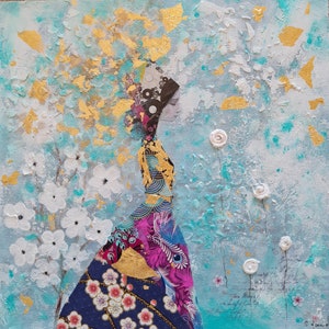 Collage y pintura acrílica El Jardín de las Flores Blancas 30 x 30 cm sobre cartón lienzo acompañado de unas palabras en el reverso