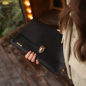 Black Large Leather Clutch / Leather Laptop Case / Oversized 