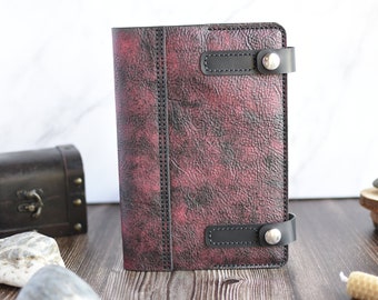Handmade Red & Black, Leather Journal Cover / Sketch Book Cover with two chrome buttons.