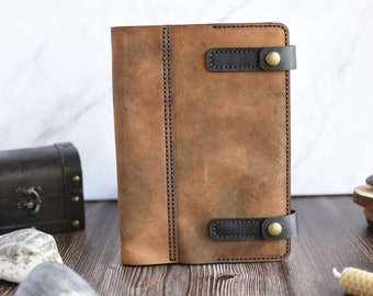 Handmade Light Tan, Leather Goat Skin Journal Cover / Sketch Book Cover with two antique brass buttons.